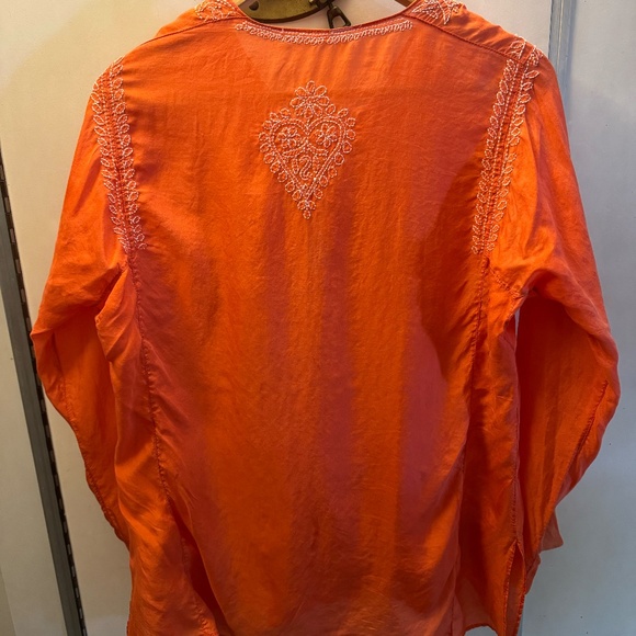 Vintage Silk Blouse – Bright Orange with Floral & Heart Embroidery | Long Sleeve - Picture 5 of 7